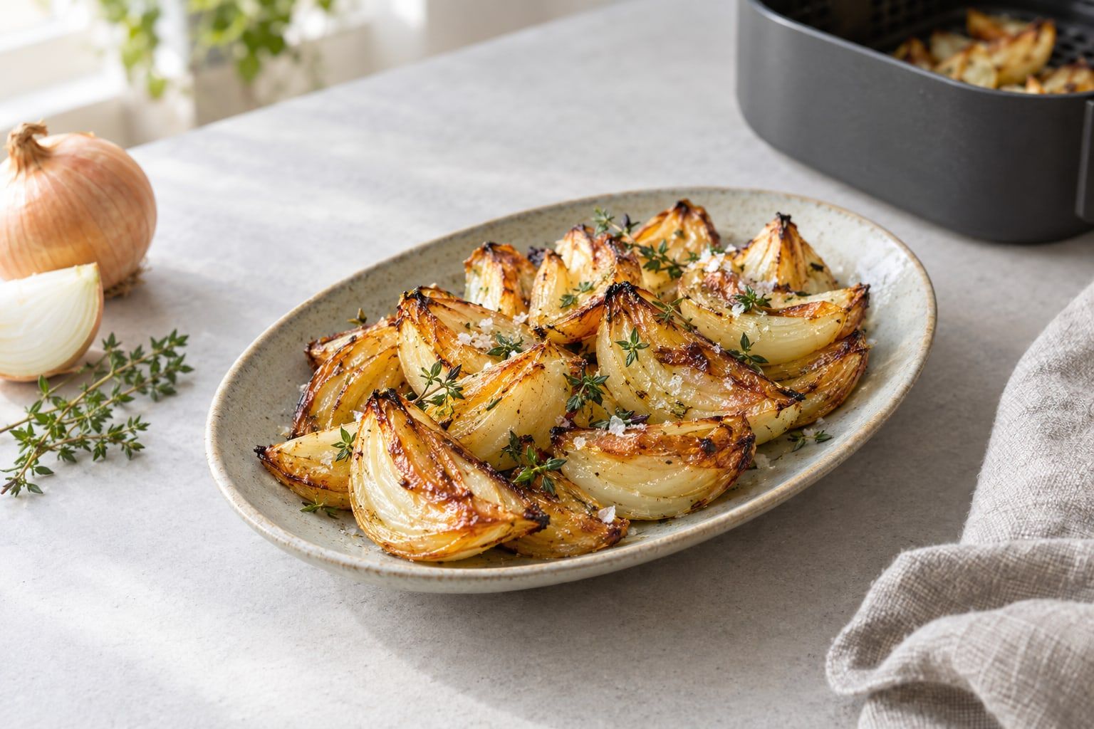 Lök i airfryer, rostade lökklyftor med karamelliserade bruna kanter och timjan