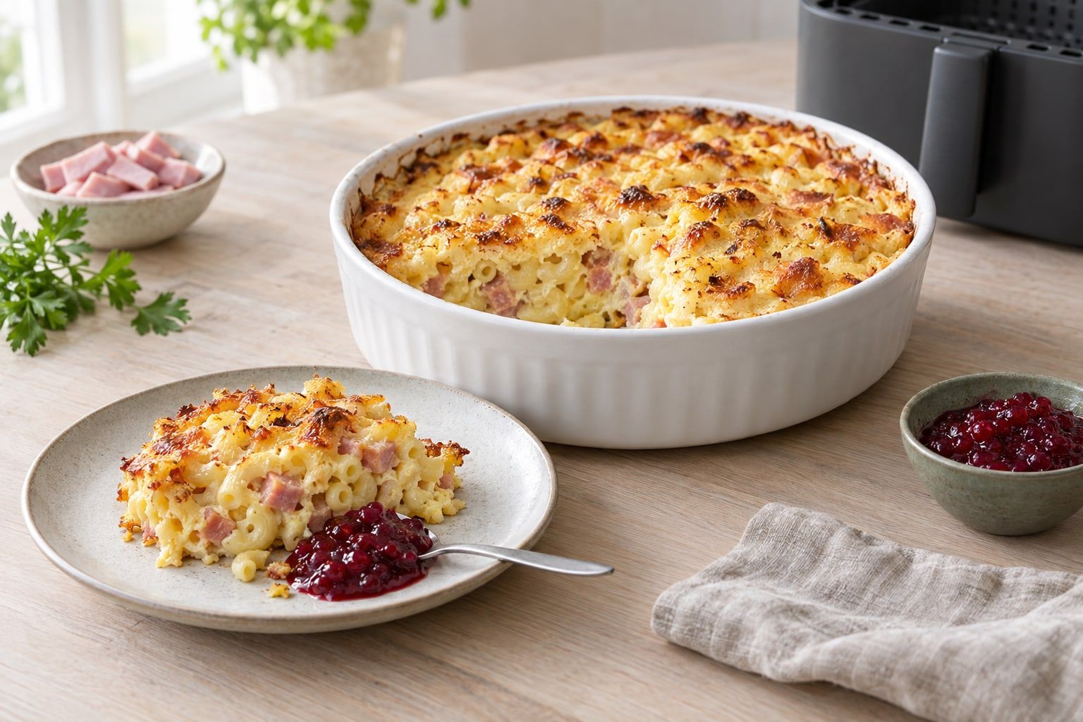 Makaronipudding i airfryer, gyllene äggstanning med makaroner och skinka i en rund form