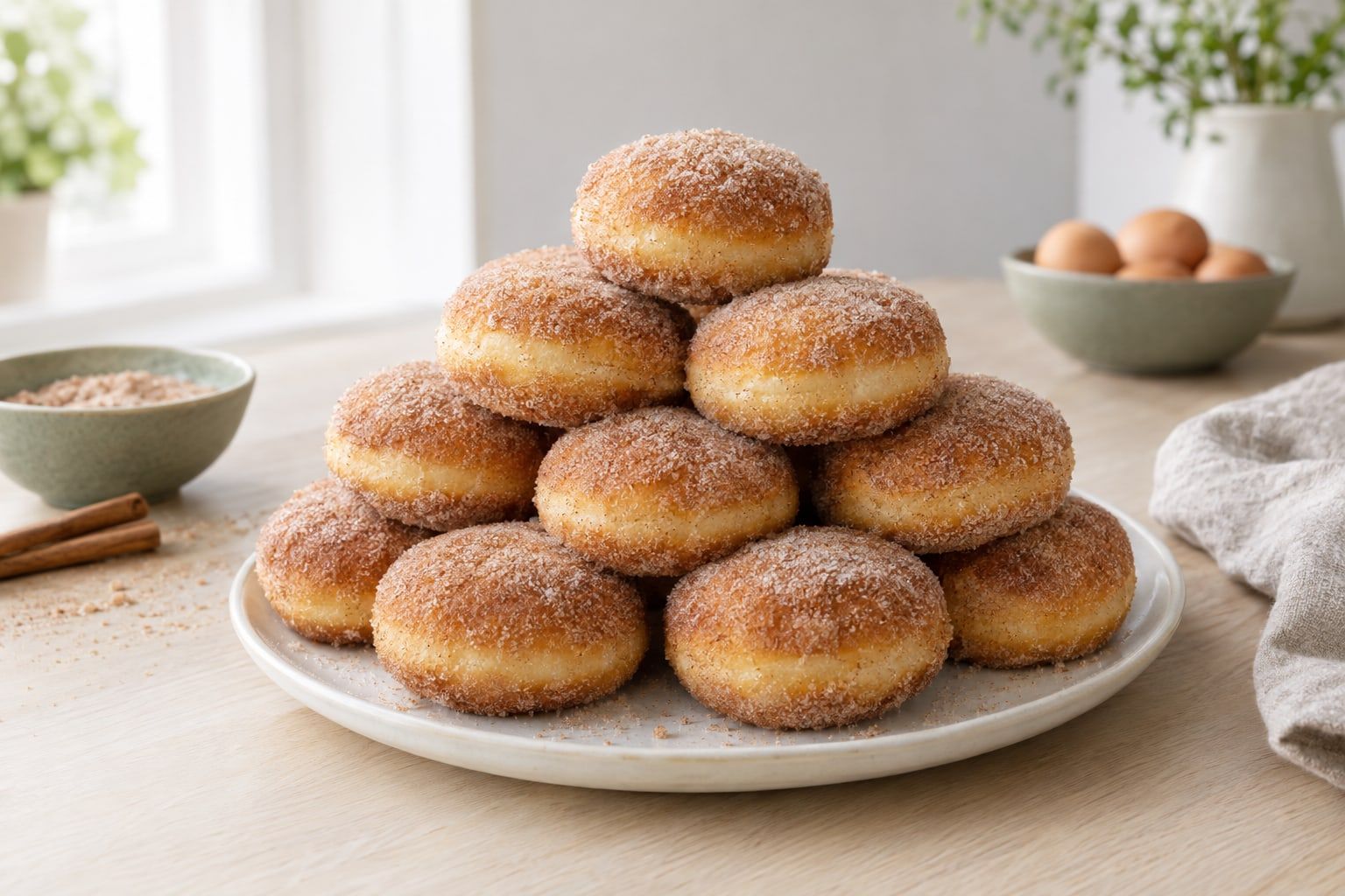 Munkar i airfryer, gyllene gärmunkar rullade i kanelsocker på ett vitt fat