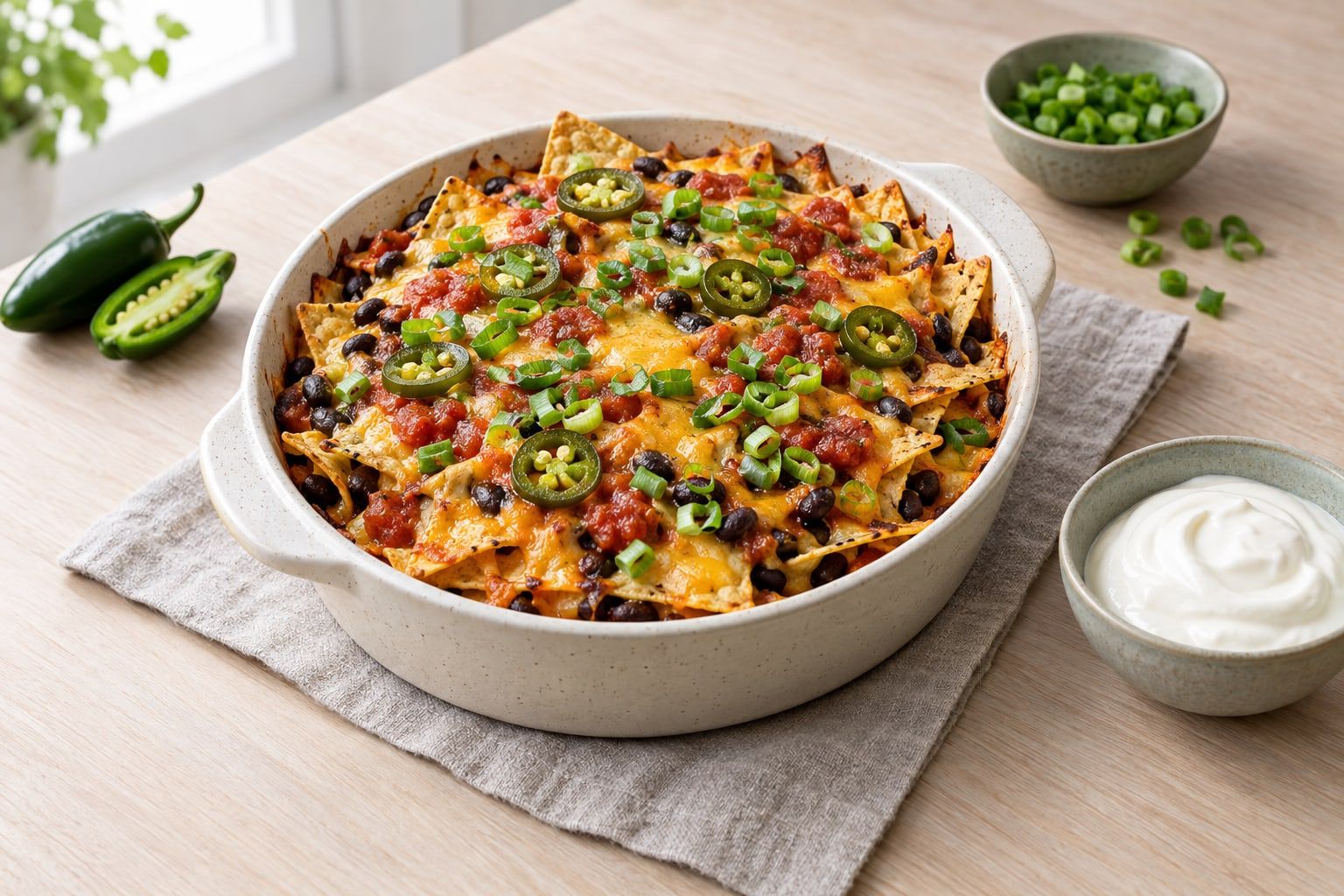 Nachos i airfryer, gratinerade i en form med smält ost, svarta bönor, salsa och jalapeños