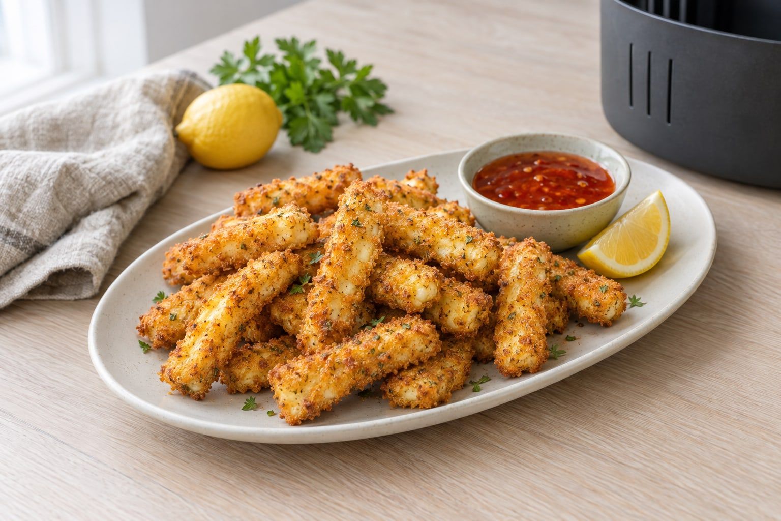 Panerad halloumi i airfryer, gyllene pankostavar på ett vitt fat med söt chilisås och citron