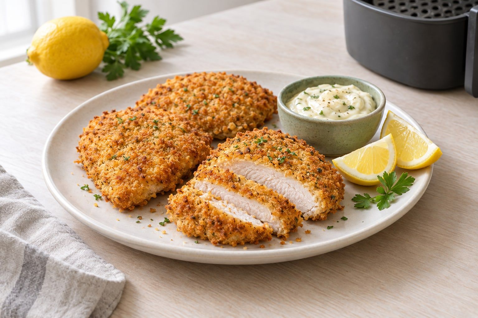 Panerad kyckling i airfryer, tre pankopanerade filéer med gyllene och grov yta, en delad så att köttet syns