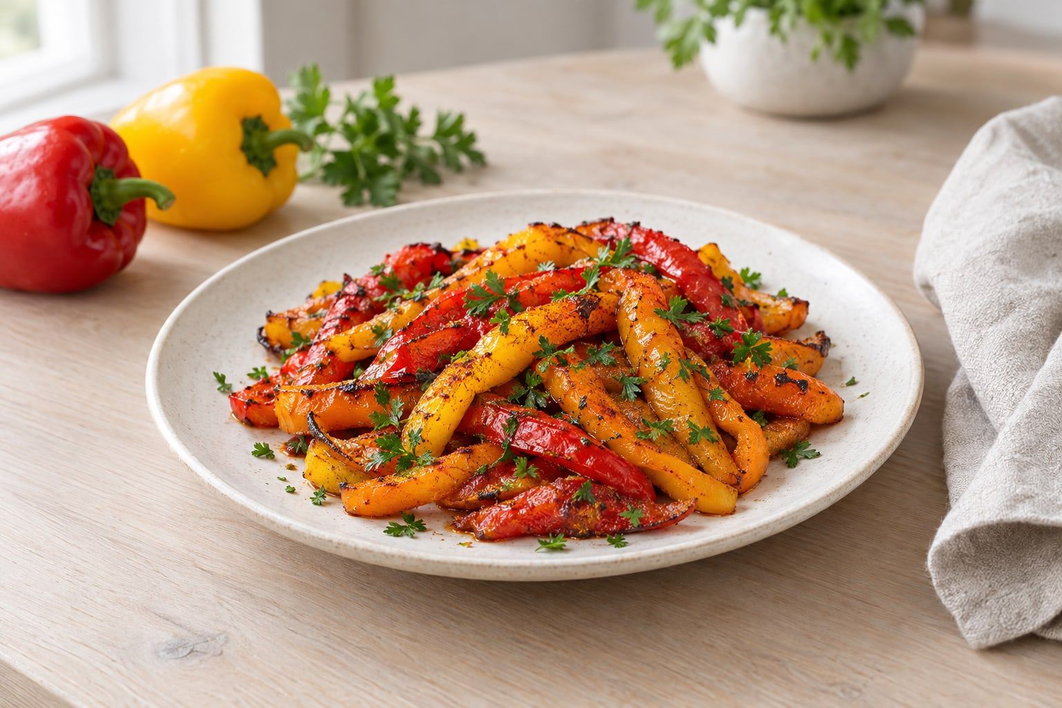 Paprika i airfryer, mjuka remsor av röd, gul och orange paprika med rökt paprikapulver på ett fat