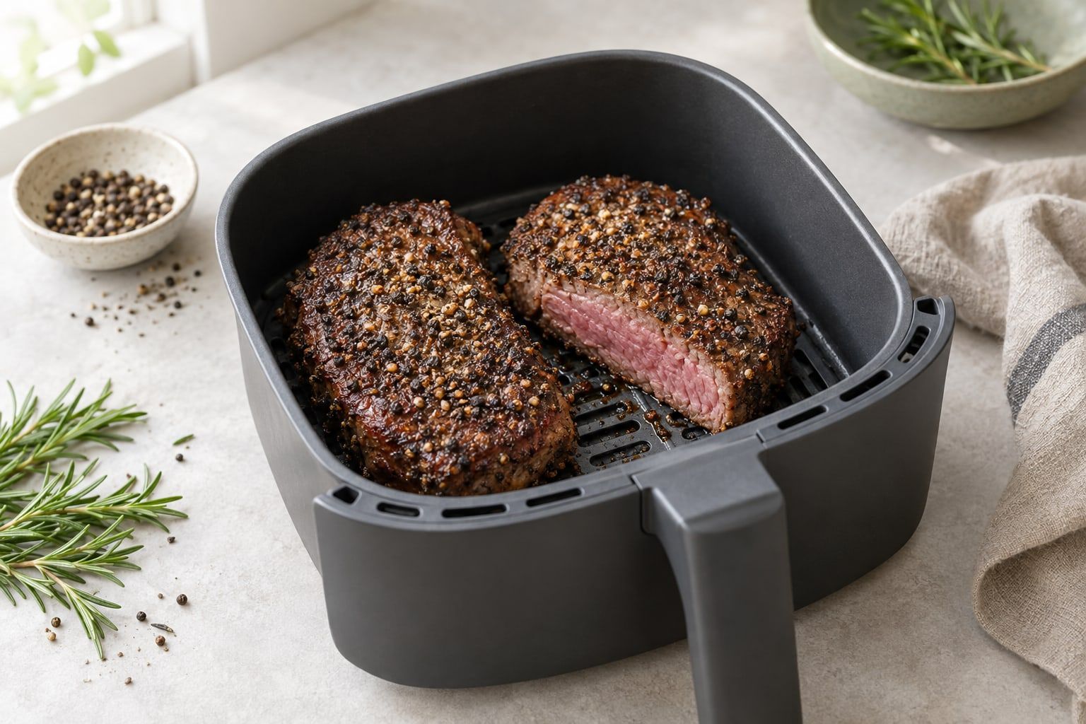 Pepparbiff i airfryer, två biffar med grovt krossad svartpeppar i en mörkgrå korg, den ena skuren så att den rosa mitten syns