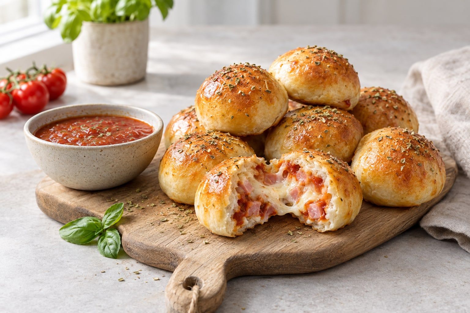 Pizzabullar i airfryer, gyllene bullar där en är delad och visar smält ost, skinka och tomatsås, på en träbräda