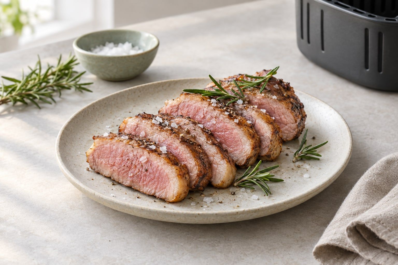 Pluma i airfryer, skivad ibérico-pluma med rosa mitt och brynt fettkant på en träskärbräda