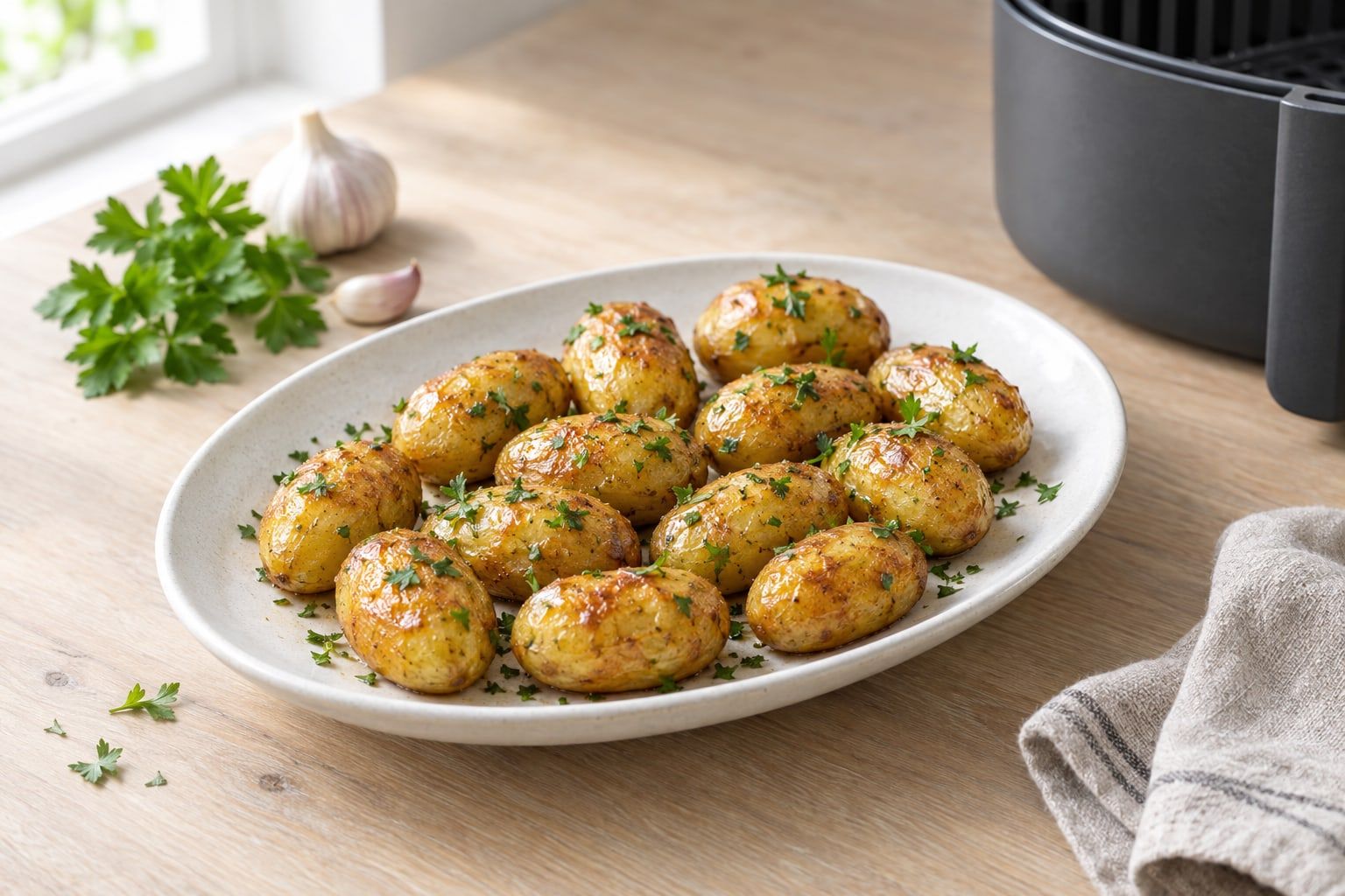 Pommes château i airfryer, små ovala gyllene potatisar med smör och persilja på ett vitt fat