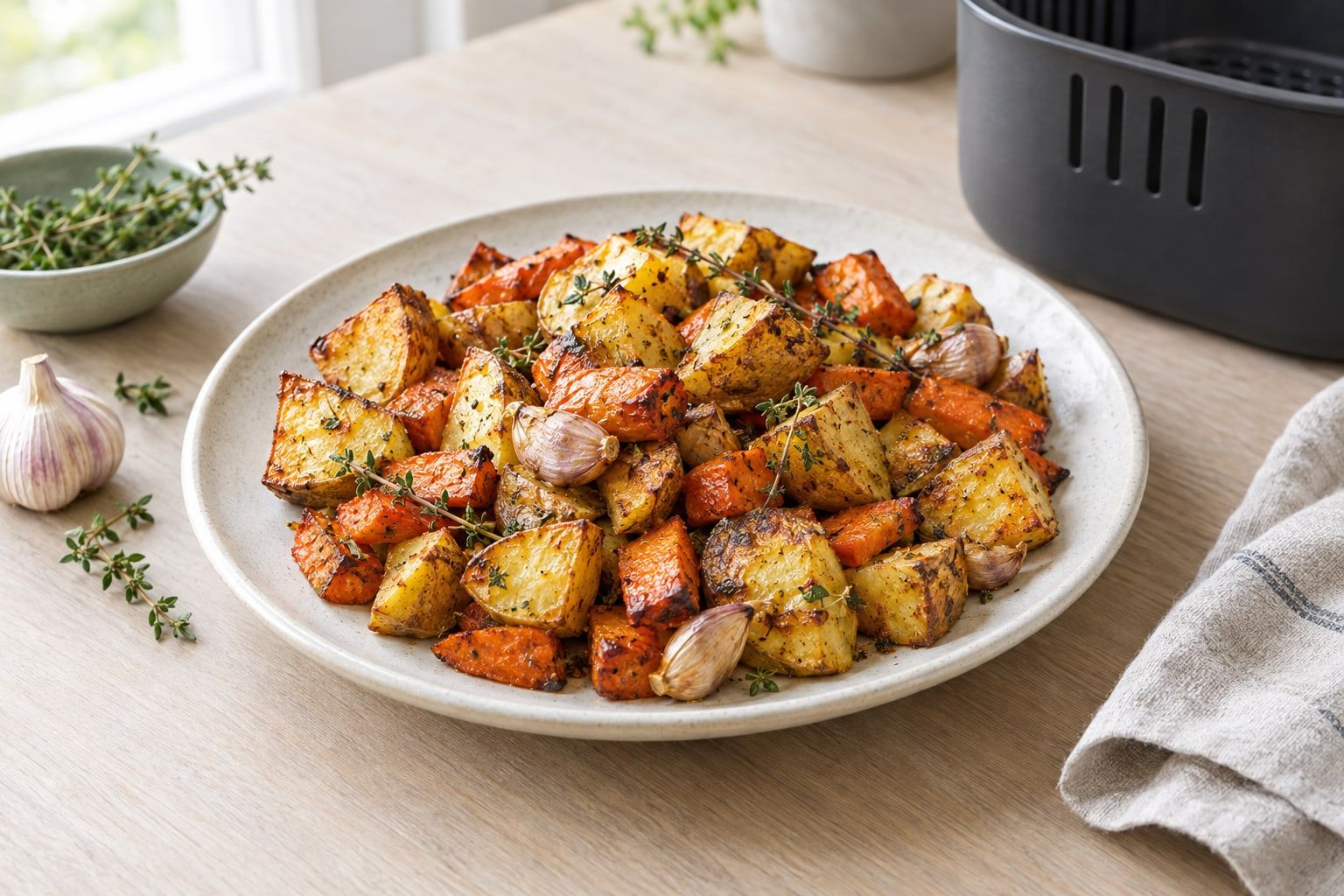 Potatis och rotfrukter i airfryer, gyllene potatisbitar och morötter med knapriga kanter på ett fat