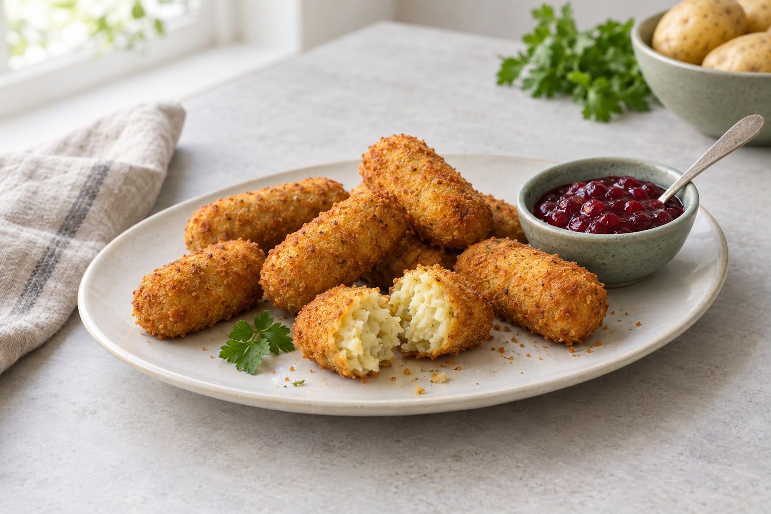 Potatiskroketter i airfryer, gyllene och panerade på ett fat, en delad så att potatismoset syns