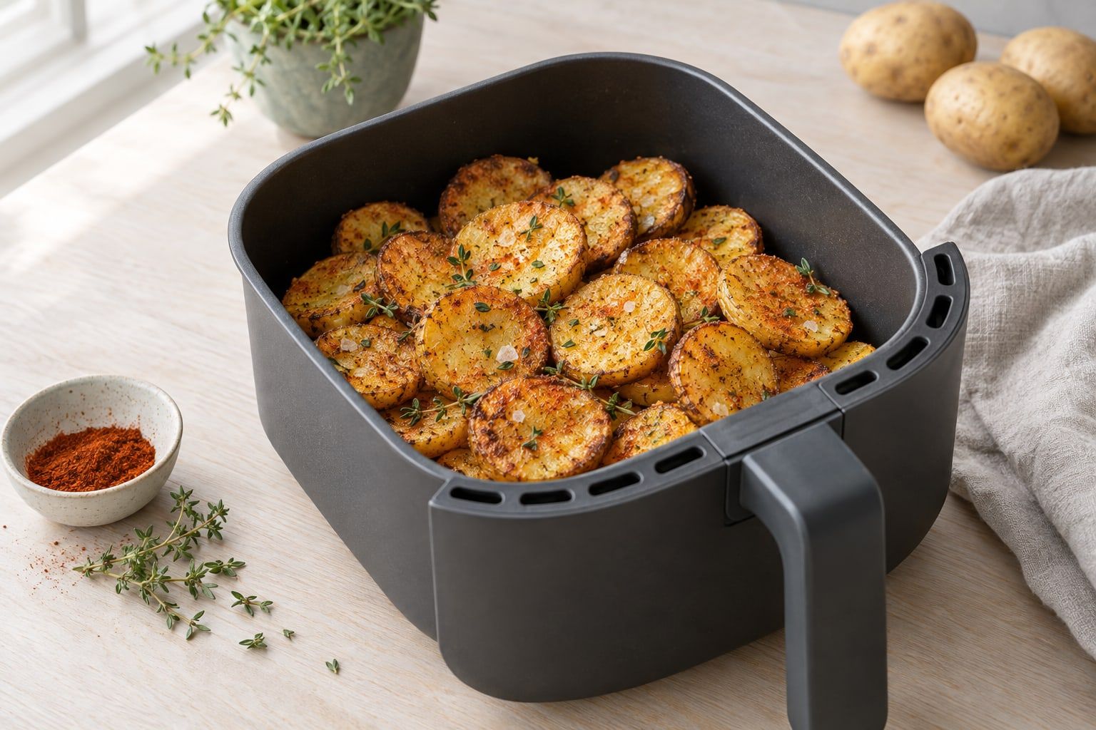 Potatisskivor i airfryer, tjocka gyllene rondeller med krispiga kanter i en mörkgrå korg