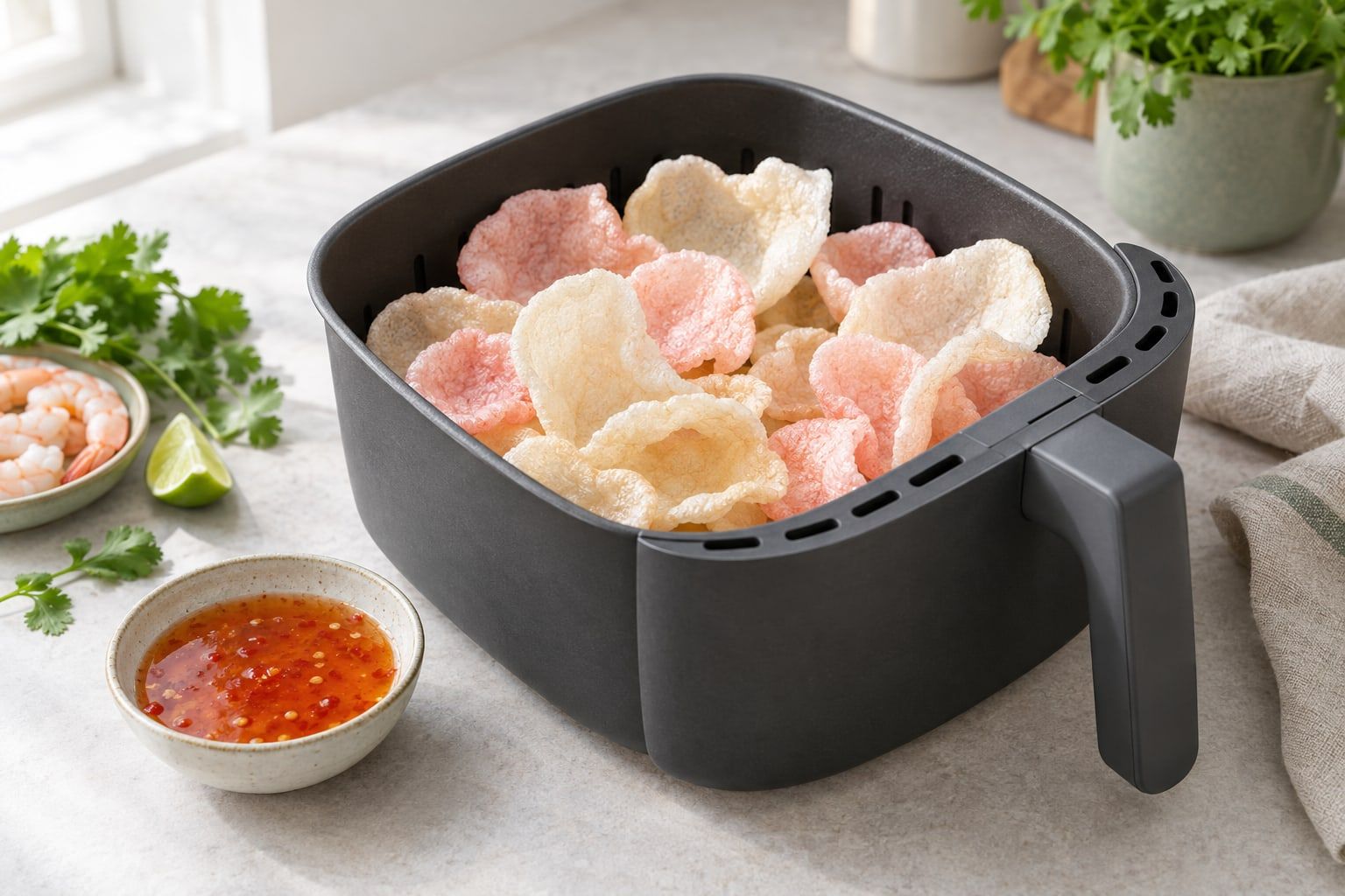 Räkchips i airfryer, uppblåsta ljusa chips i en mörk korg med liten skål söt chilidipp