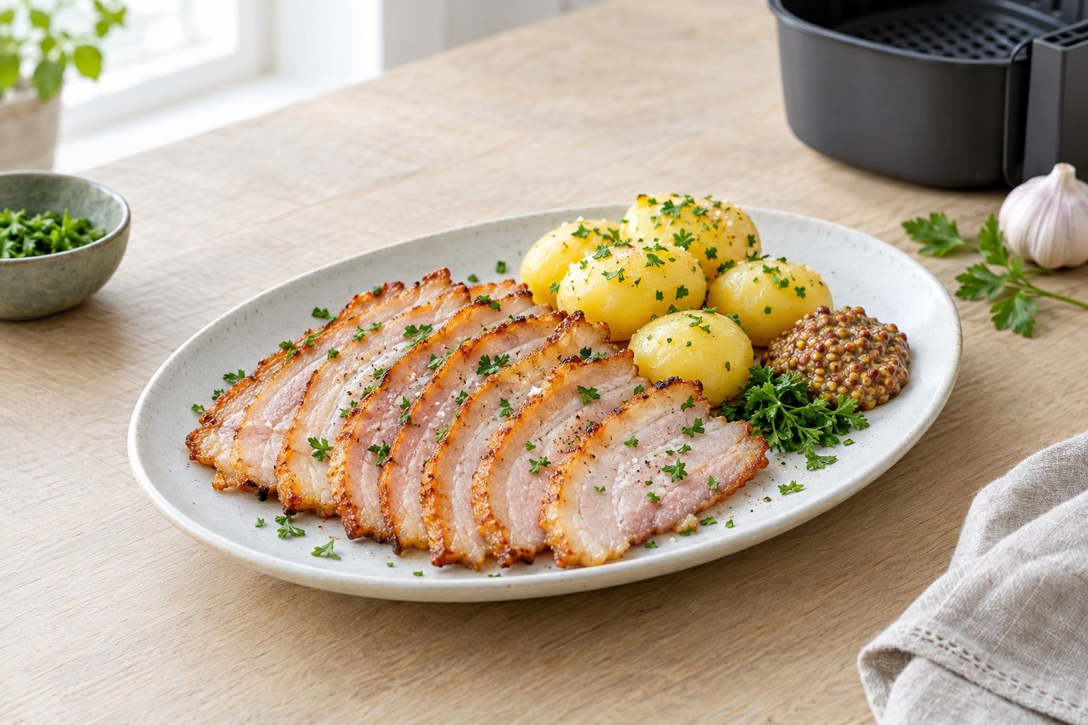 Rimmat fläsk i airfryer, brynta skivor med knaprig kant bredvid kokt potatis och senap