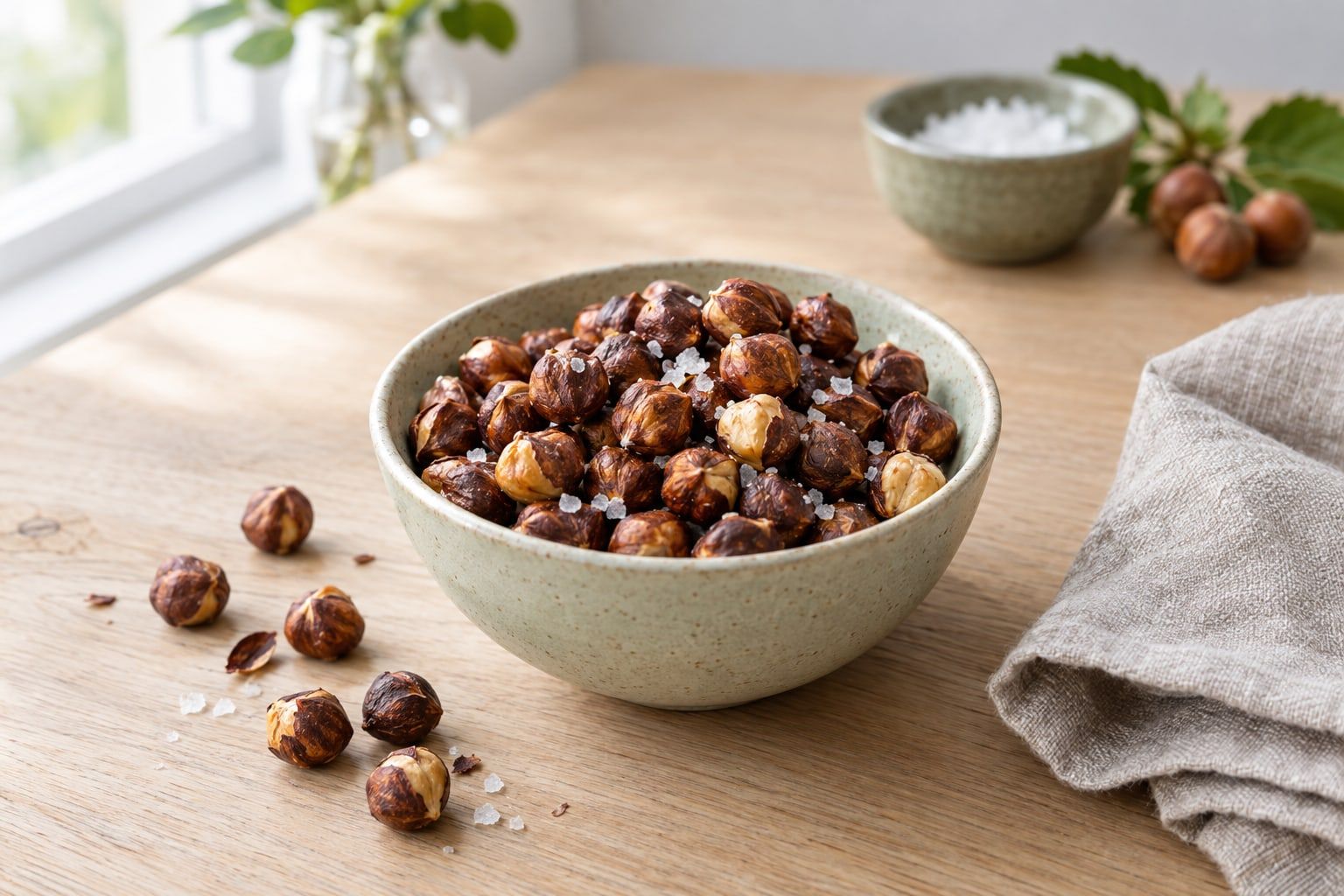 Rosta nötter i airfryer, rostade hasselnötter med sprucket skal i en liten keramikskål