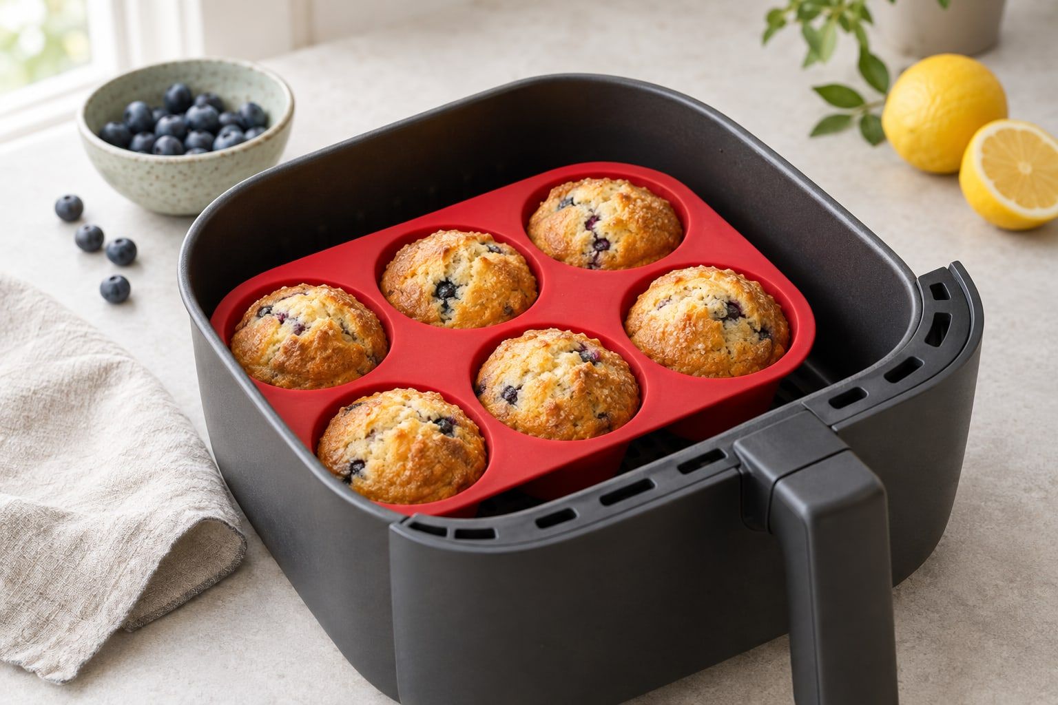 Silikonform i airfryer, en rund silikonform med muffins i korgen
