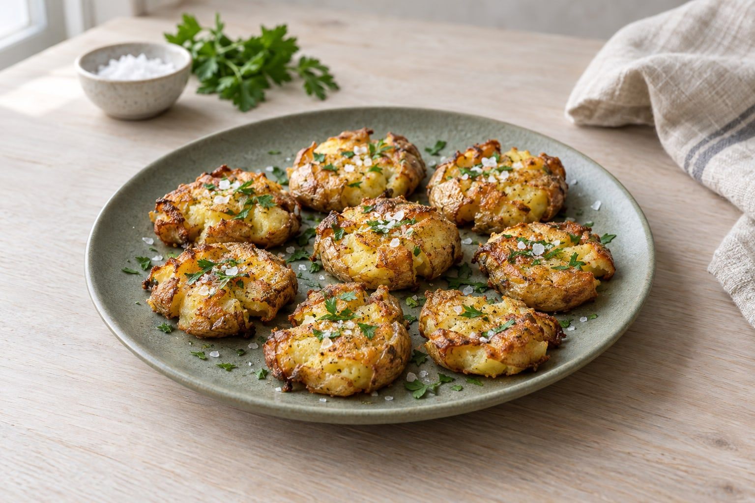 Smashed potatis i airfryer, tillplattade potatisar med knapriga gyllene kanter och persilja på ett fat