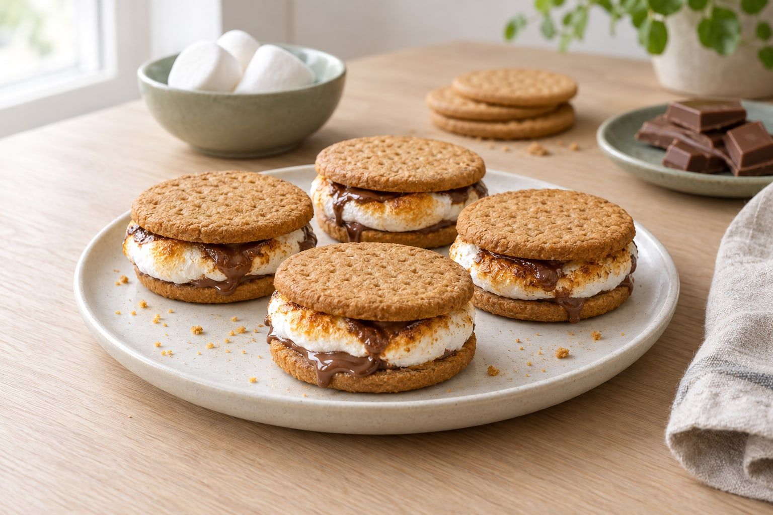 S'mores i airfryer, gyllene marshmallow och smält choklad mellan två digestivekex på en vit tallrik