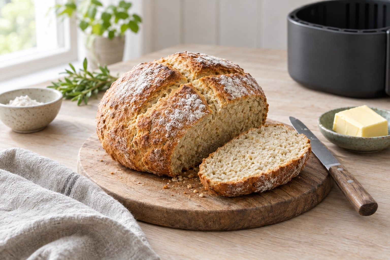 Snabbt bröd med bakpulver i airfryer, runt bröd med kors i toppen och gyllene skorpa, uppskuret på en skärbräda med smör