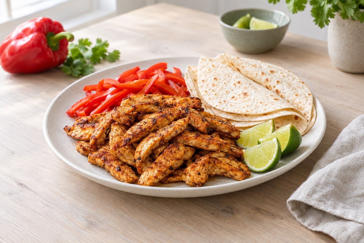 Strimlad kyckling i airfryer, gyllene kycklingstrimlor med paprikakrydda på ett vitt fat med tortillas, paprika och lime