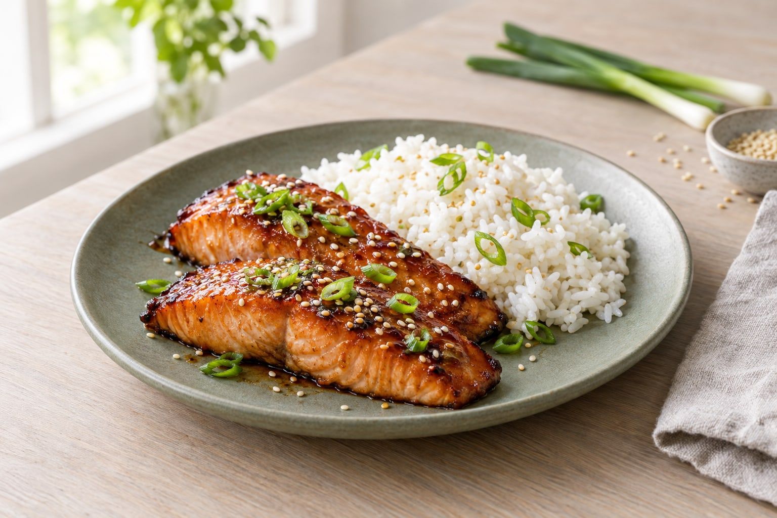 Teriyakilax i airfryer, två blanka laxfiléer med sesamfrön och salladslök, serverade med ris