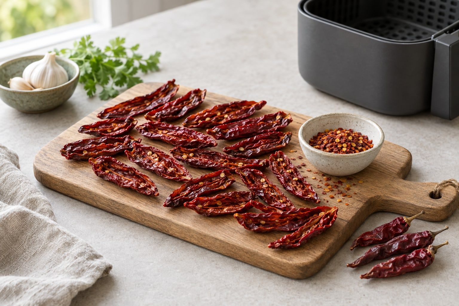 Torka chili i airfryer, skrynkliga halverade chilifrukter i djupröd färg på en träbräda med en skål chiliflingor