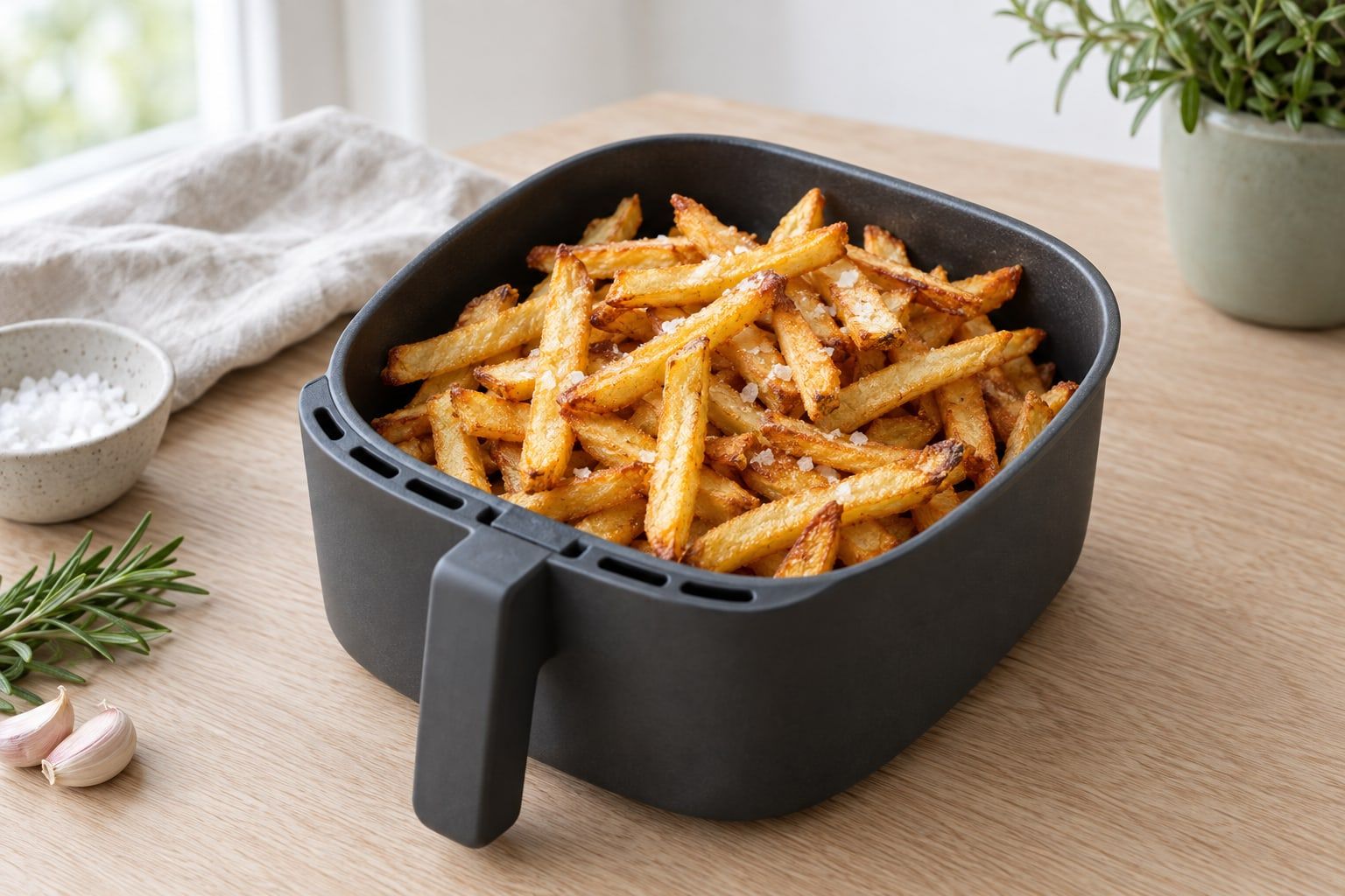 Värma pommes i airfryer, uppvärmda gyllene pommes med krispiga kanter i en mörkgrå korg