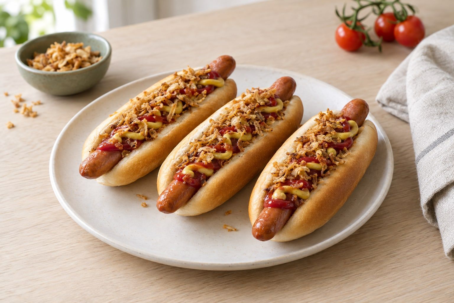 Varmkorv i airfryer, tre korvar med bröd, senap och rostad lök på en tallrik