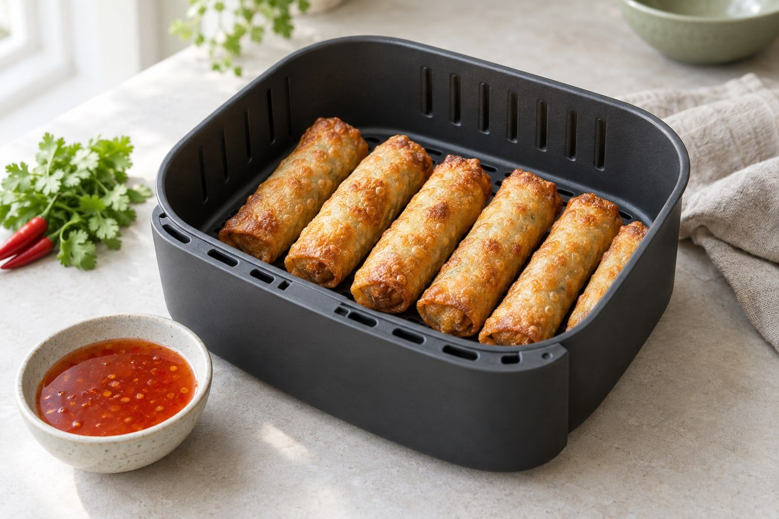 Vårrullar i airfryer, gyllene och blåsiga i en korg med sötsur chilisås bredvid