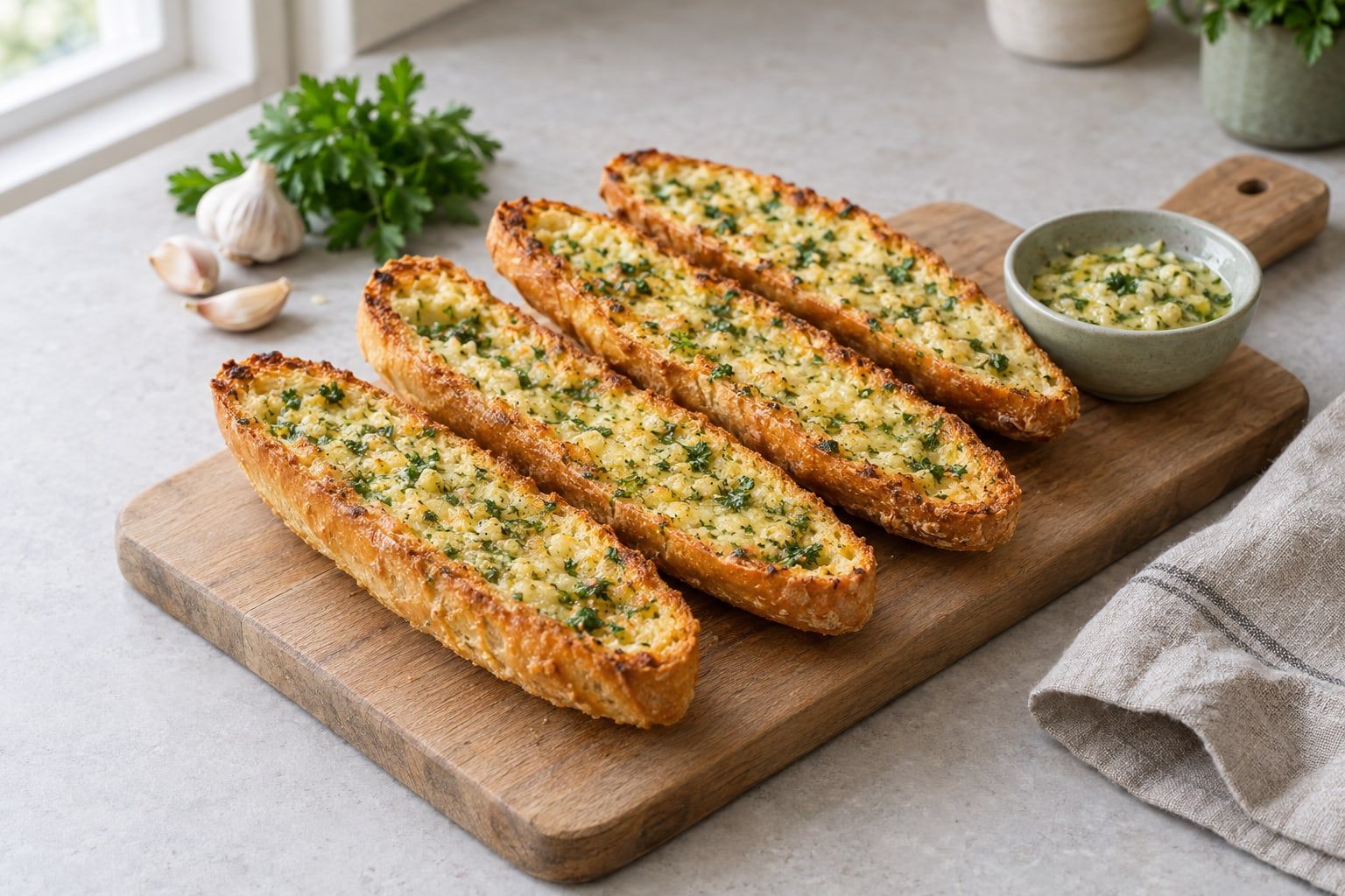 Vitlöksbröd i airfryer, gyllene baguettehalvor med smält vitlökssmör och persilja på en skärbräda